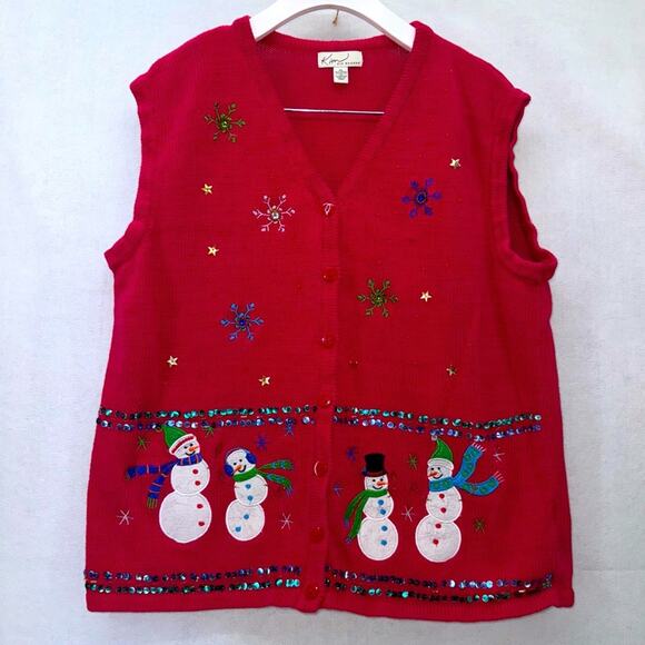 Women’s Ugly Christmas Sweater Vest Red Button Down Embroidered Large Snowmen - Picture 1 of 4